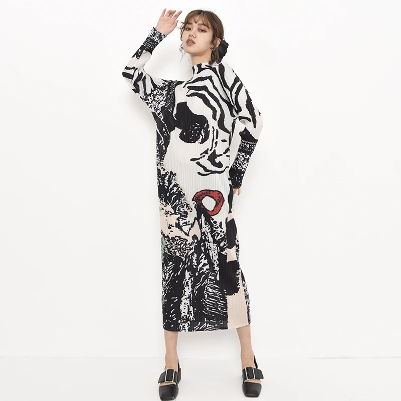 

LANMREM 2021 autumn stand collar print fashion mid-calf fashion light weight mid-calf length fashion casual women dress PD789