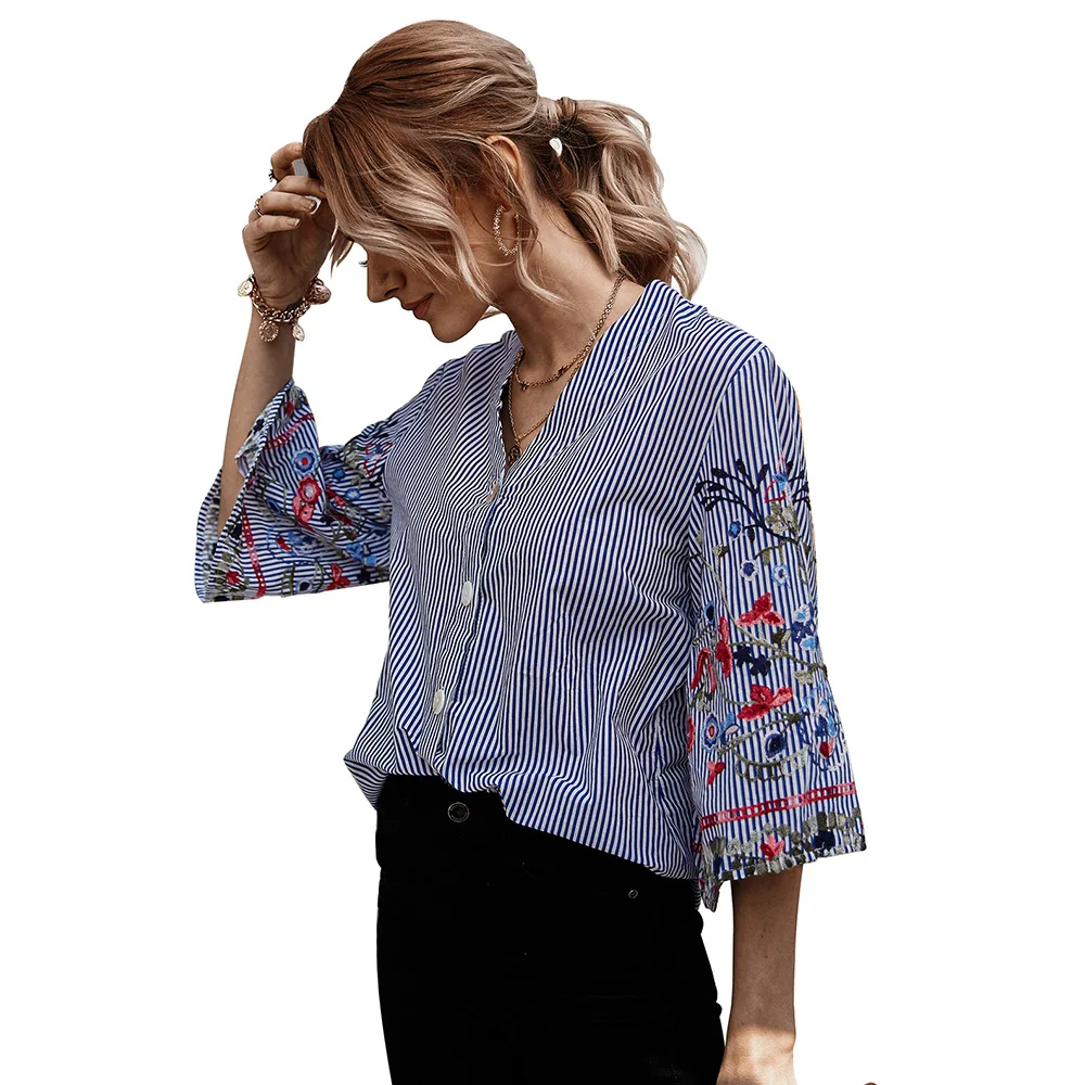 

WANYUCL top spring and autumn 2021 cotton and linen shirt three-quarter sleeves V-neck T-shirt women's top women