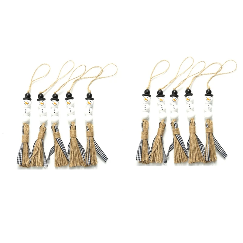 

10 Pieces Snowman Bead Garland Christmas Tree Ornaments Xmas Wooden Farmhouse Bead Rustic Hanging Bead Plaid Bead Tassel