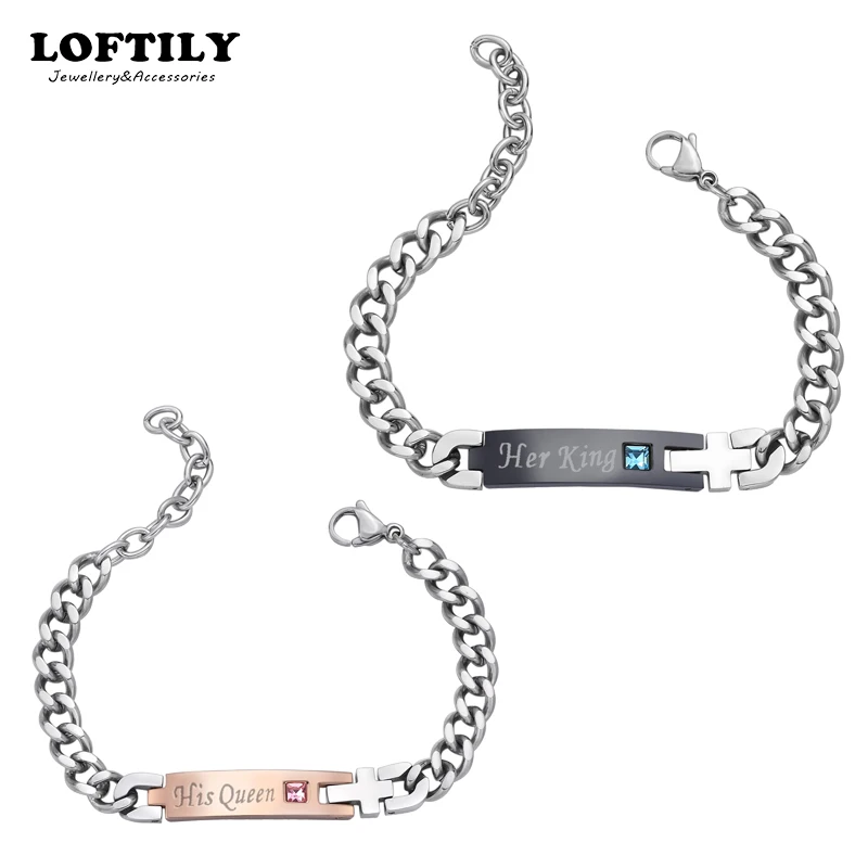

2Pc/Set Queen King Stainless steel Stone Women Man Chain Crystal Couple Bracelet for Men snap jewelry bracelet Pulseira hombres