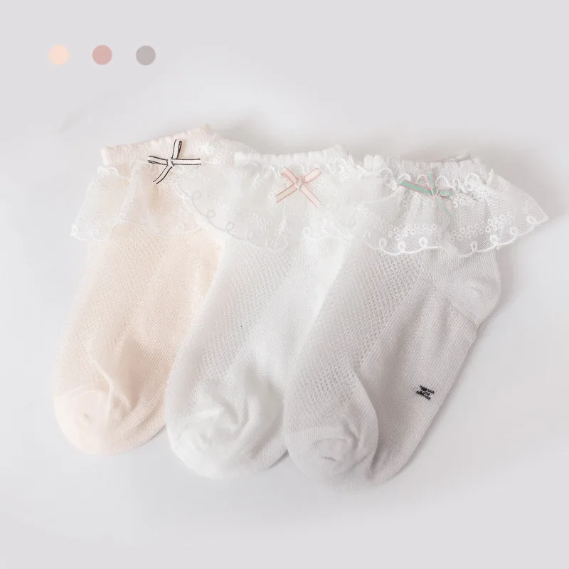 

3Pairs/Lot Summer Children's Socks New Girls Combed Cotton Socks Women's Lace Stockings Bow Short Tube Pure Cotton Thin Socks