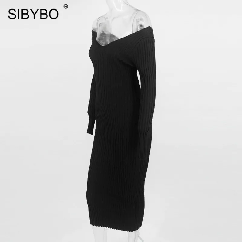 SIBYBO, зимнее трикотажное хлопковое платье в рубчик, женское сексуальное облегающее платье с открытыми плечами и длинным рукавом, однотонные вечерние платья с открытой спиной