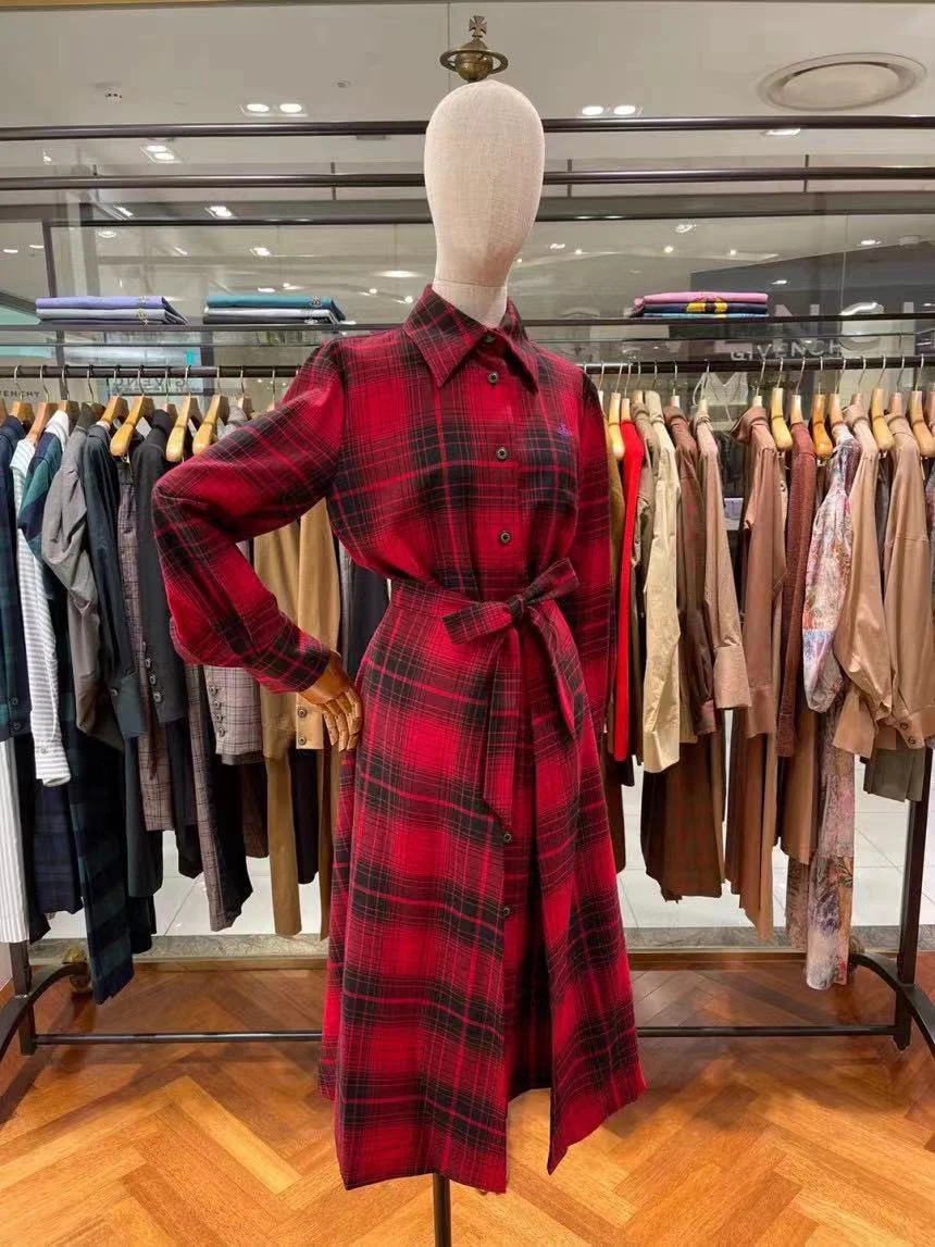 

2021 Fall Fashion Commuter Red Plaid Waist Tie Dress
