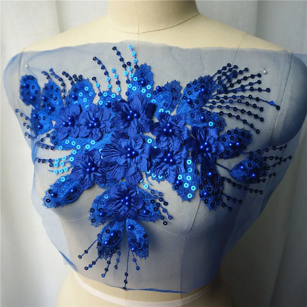 Королевский синий блестящий бахрома 3D цветок Роза бусины кружевная ткань