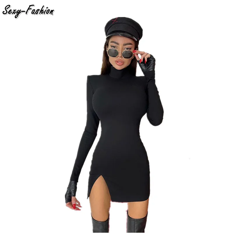 

Осенне-зимнее черное облегающее женское платье Somoshein с длинным рукавом, однотонные пикантные обтягивающие вечерние мини-платья 2021, женская ...