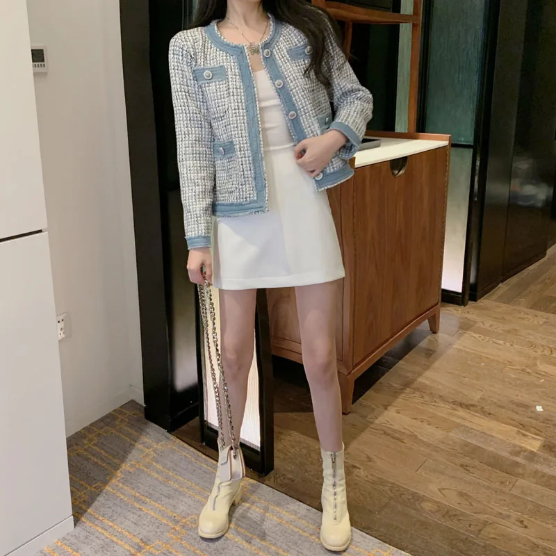 

Ladies Xiaoxiangfeng stitching thin woven tweed jacket short coat