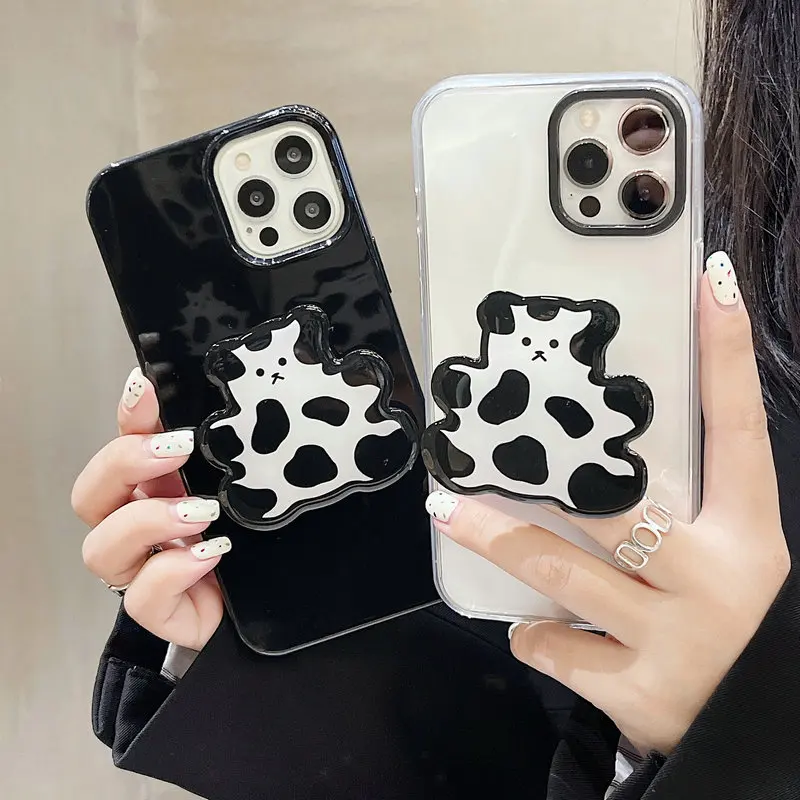 

Cartoon Transparent Cute Cows Stand Holder Phone Case For iPhone 12 11 Pro XS Max XR X 7 8 Plus Soft Tpu Shockproof Back Cover