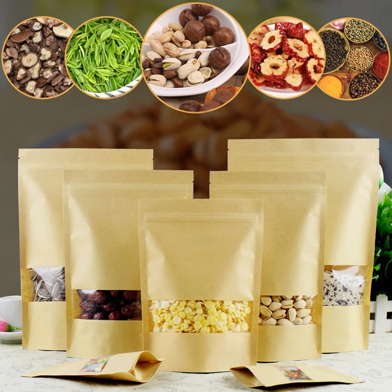 10 шт./партия, тепловой уплотнитель, стоячий клапан ziplock, крафт-бумажный пакет, сумки, окно, печенье, Doy, пакет, сумка для хранения на молнии