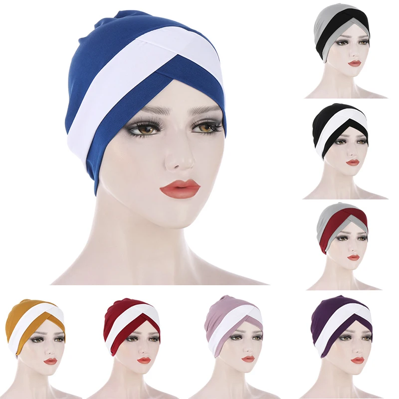 

Women Stretch Turban Cotton Cross Scarf Solid Weave Soft Touch Foulard Muslim Veils Shawl Two-color Hat Comfortable Turban Hat