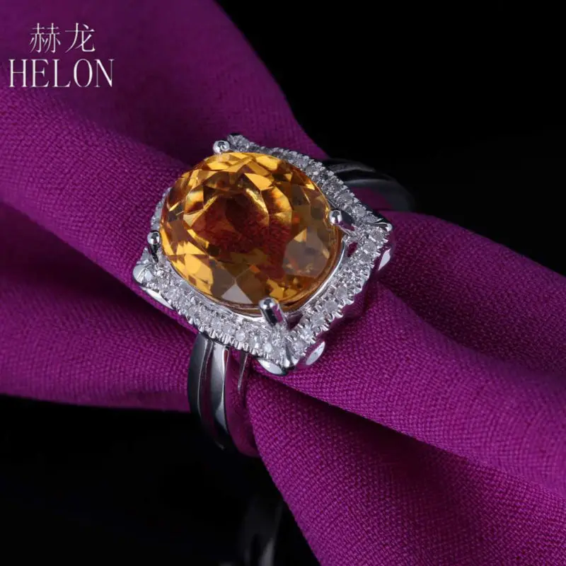

HELON 925 Sterling Silver Oval Cut 10X12mm Genuine Natural Citrine Diamond Engagement Wedding Ring Women Gift Party Fine Jewelry