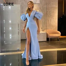 Lorie vestido de noite longo com decote em v, sexy, plissado, manga bufante, fenda lateral alta, vestido de baile, celebridade, vestido de festa (1)