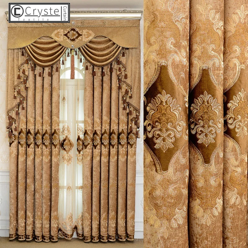 

European-style Chenille Embroidered Shading Curtains Finished Custom Blackout Curtains for Living Dining Room Bedroom
