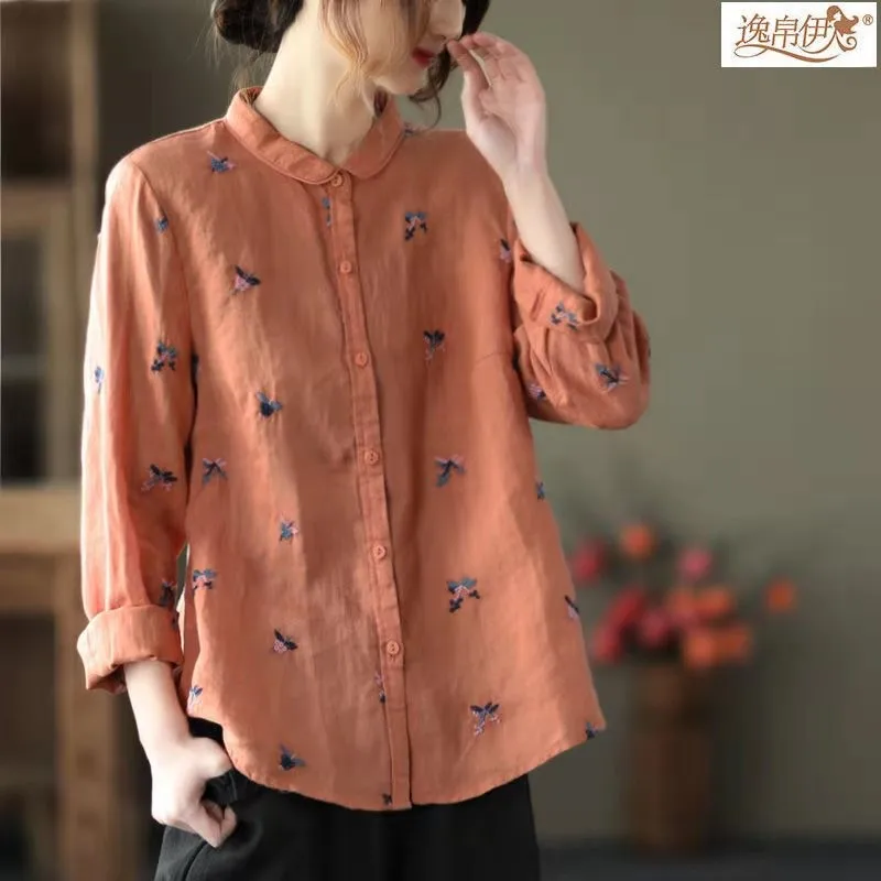 

New Spring Summer Women Loose Turn-down Collar Long Sleeve Blouse Single Breasted Cotton Linen Embroidery Casual Shirts W384