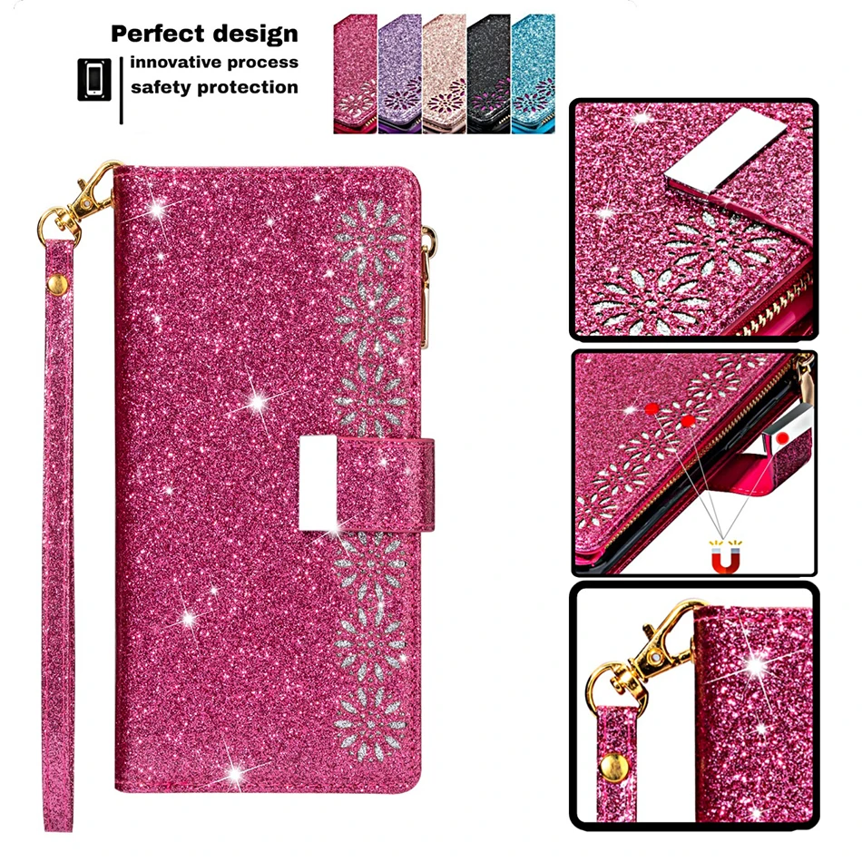 

Luxury Bling Glitter Case For Xiaomi 11 POCO F3 X3 NFC 10T Lite Redmi K40 9A 9C Note 8 9 10 Pro 9S Zipper Multi-function Cover
