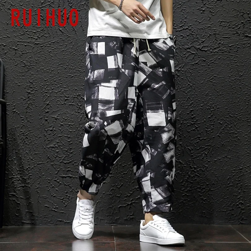 

RUIHUO 2021 New Harem Linen Pants Men Trousers Joggers Casual Pants Men Sweatpants Hip Hop Streetwear Male Plus Size M-5XL