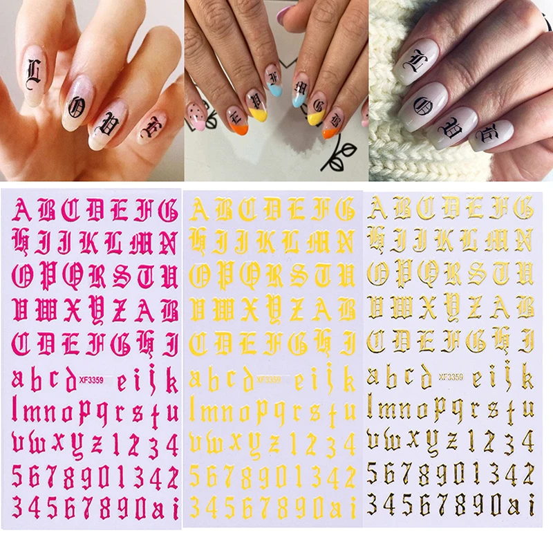 

3D Decals Holographic Laser Nail Stickers Gothic Alphabets Number Nail Foils Old Font English Letter Stickers for nails manicure