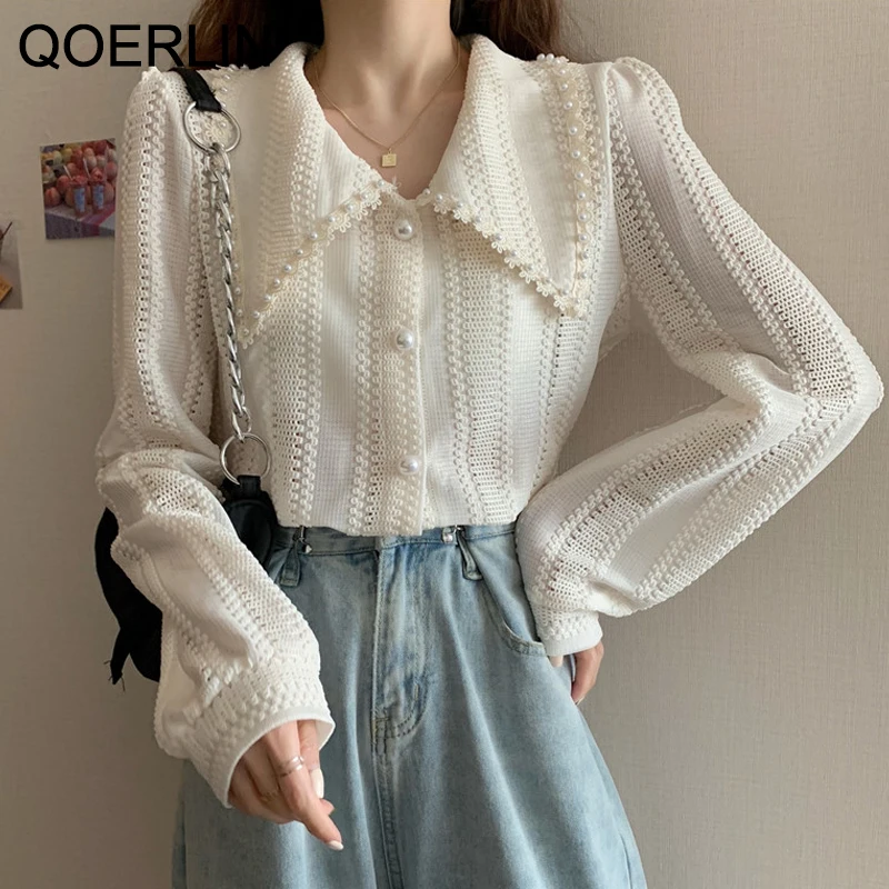 

QOERLIN Big Peter Pan Collar Blouse Women Elegant Single-Breasted Lace Shirt Korean Ivory Hollow Out Shirt Chiffon Top