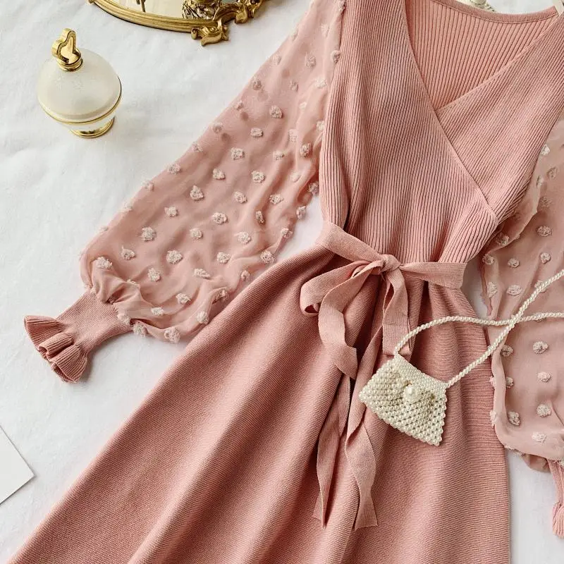 

Long Sleeve Sashes Dress Ladies Dress Romantic Women Knitted Pink Party Dress 2021 Fall Winter V Neck Elegant Chiffon Dress