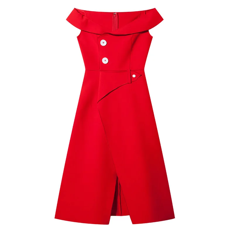 

Женское пикантное платье с открытыми плечами, красное праздвечерние чное платье до середины икры на пуговицах с высоким разрезом