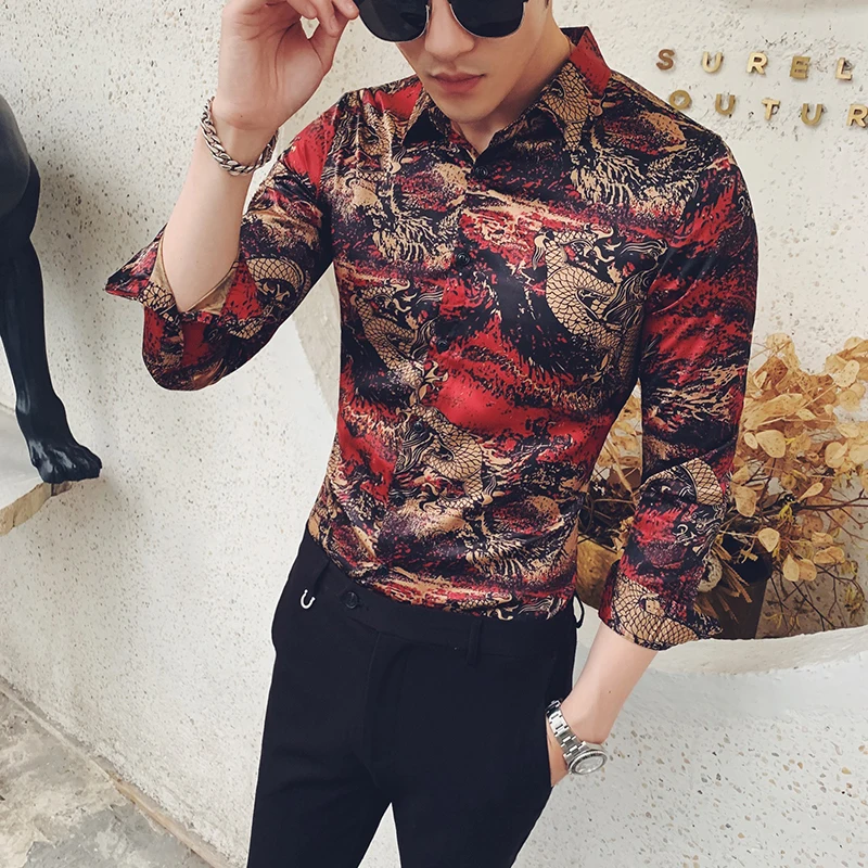 

Рубашка мужская приталенная с длинным рукавом и принтом дракона