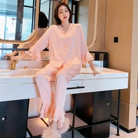 spring new ice silk pajamas set womens solid color lapel nightwear long sleeve trousers sleepwear thin home clothes lounge wear