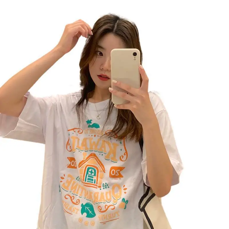 

QNPQYX Streetwear Cotton Letter Printed Short-sleeve T-shirt Women's 2021 Spring and Summer New BF Style Loose Thin Student Tops