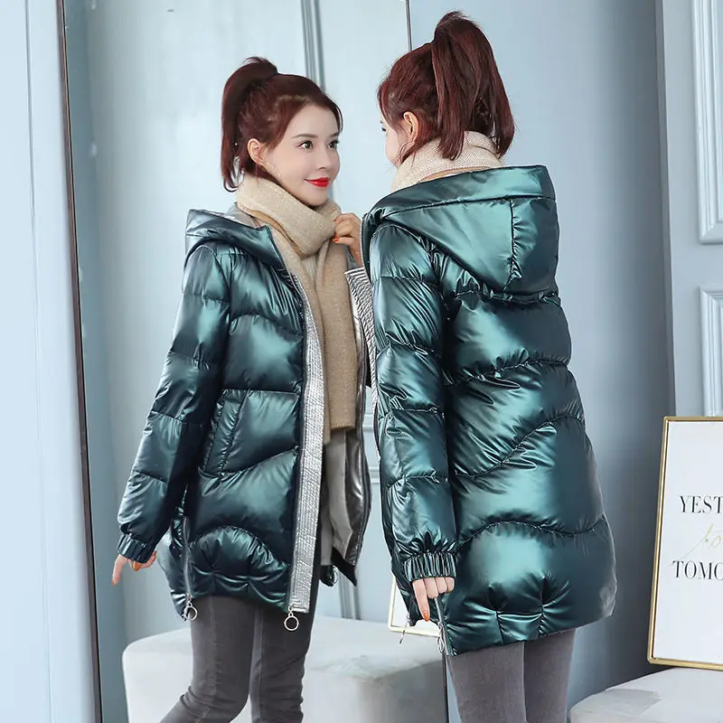 

PEONFLY Winter Women Parkas Jackets Casual Female Thick Warm Hooded Coat Outerwear Windprood Shiny Solid Color Pockets Parkas