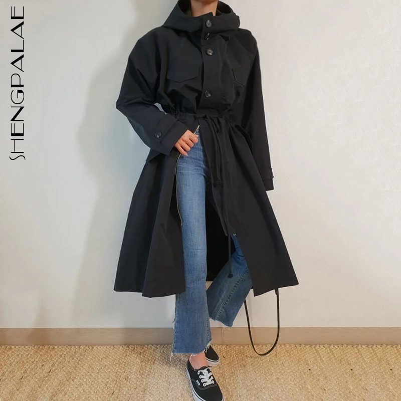 

SHENGPALAE Fashion Khaki Trench Coat Women's Autumn 2021 New Hooded Loose Single Breasted Drawstring Long Sleeve Windbreaker