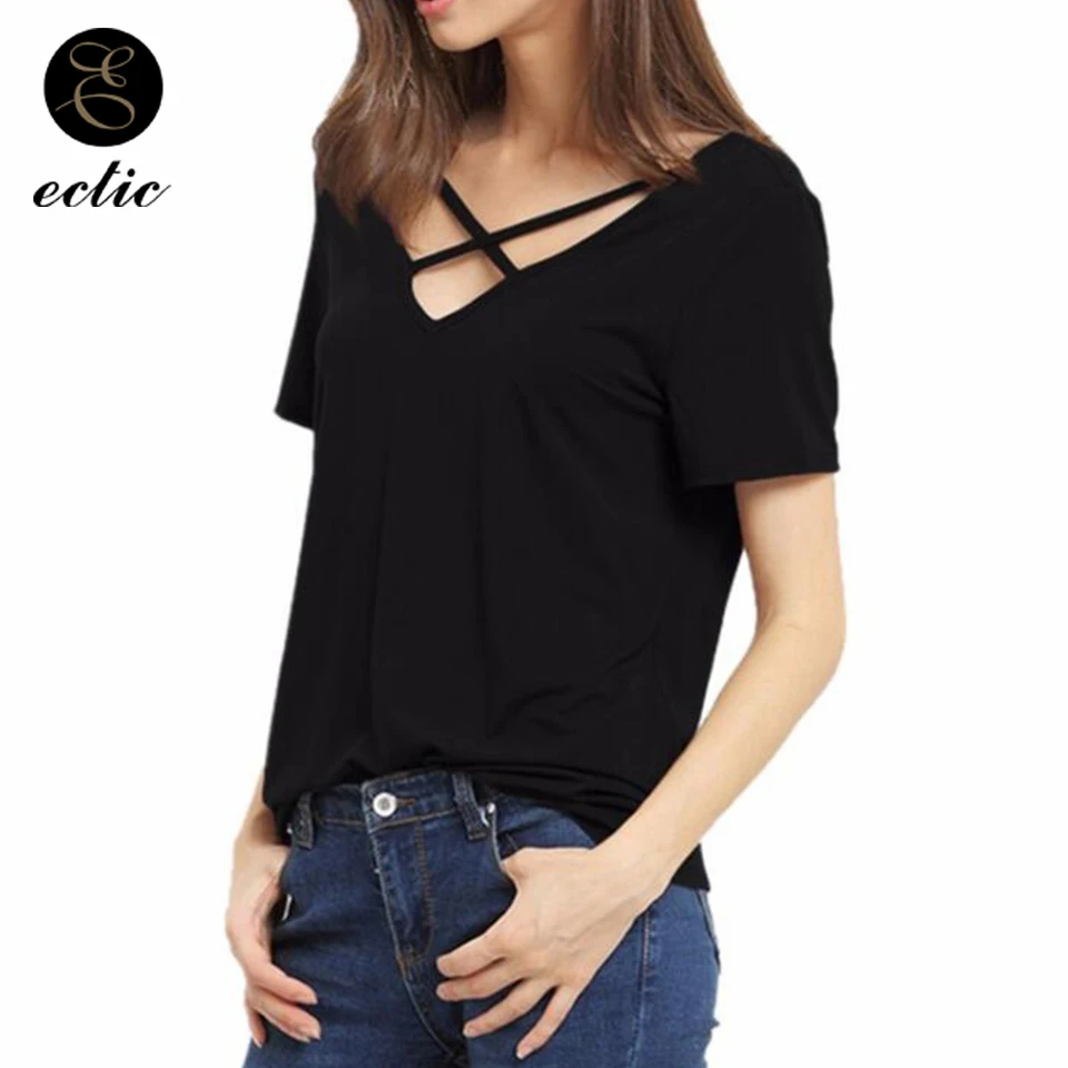Глубокий V Образным Вырезом Погружение Футболка Женщина Хипстер Одноцветный