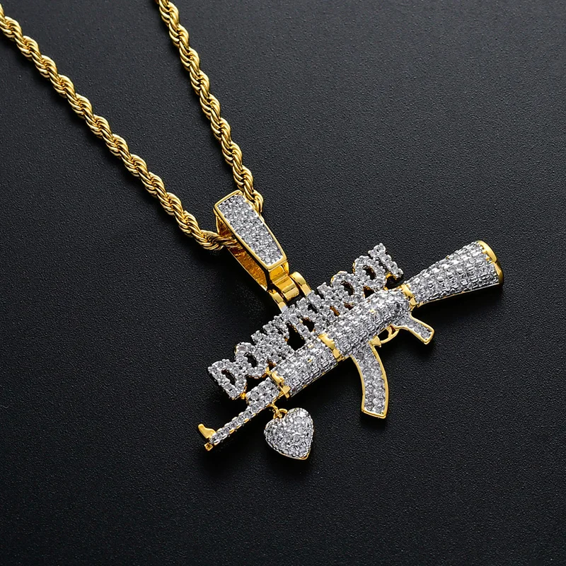 Хип-хоп AAA кубический цирконий проложенные Bling Iced Out не Shoot Heart AK 47 кулоны с оружием