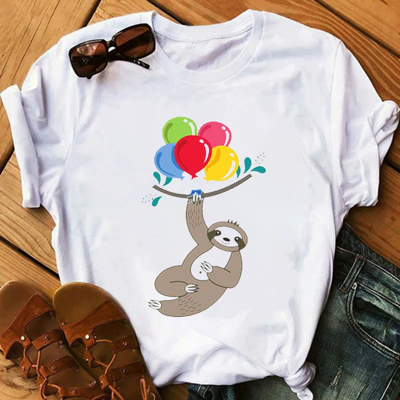 

WK Summer Balloons Sloth Shirt Women Sloth T Shirt Casual Cute Funny Tops Vogue Female Casual O Neck Graphic Tshirt