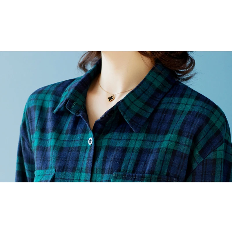 

Fashion Women's Spring Plaid Korean Style Loose Cotton Blouse Turn Down Collar Office Shirt Mid-Length Casual Tops T12801X