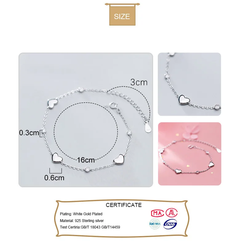 Trustdavis Настоящее серебро 925 пробы Модный милый романтичный браслет с сердцем