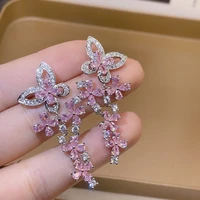 hibride micro pave pink cubic zirconia stone dangle drop earrings for women luxury big butterfly shape bridal jewelry gift e1040