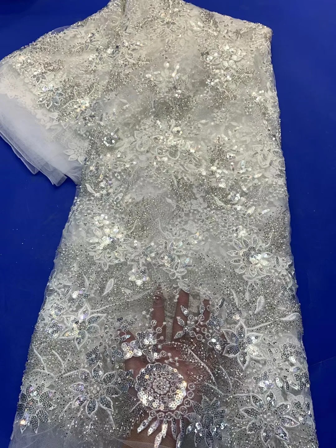 

Royal White Beaded Lace Fabric 2021 French Lace Fabric, Luxurious African Handmade Beaded Lace Wedding Dress ZX4652