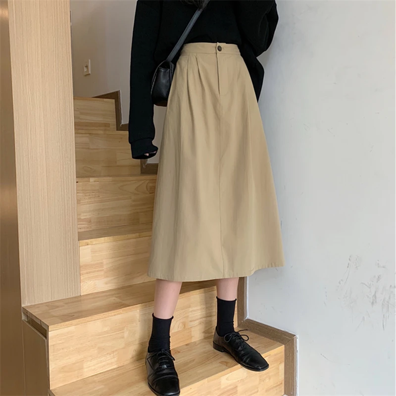 

Women High Waist A-line Skirts Solid Color Office Lady Style Flare Streetwear 2021 Spring Summer Retro Skirt