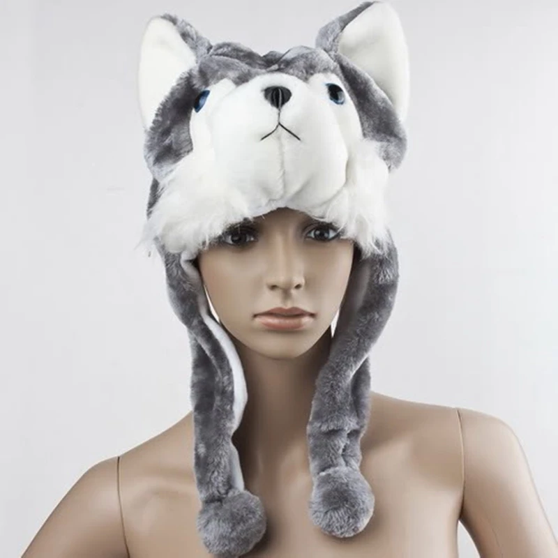 

Cartoon Animal Husky Wolf Fluffy Plush Hat Cap Scarf Earmuff Adult Kids Women Girl