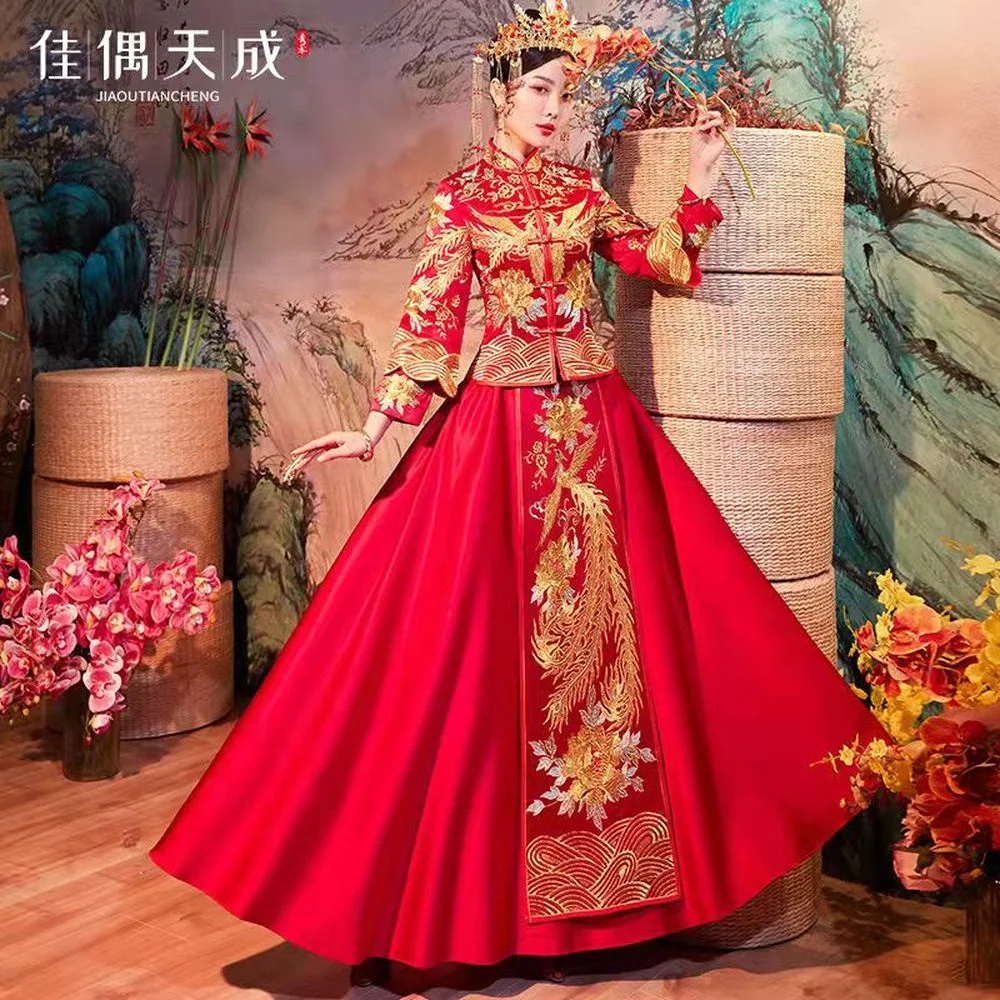 

Красные восточные платья с длинным рукавом, китайское свадебное платье большого размера для невесты, винтажное традиционное платье Ципао, ...