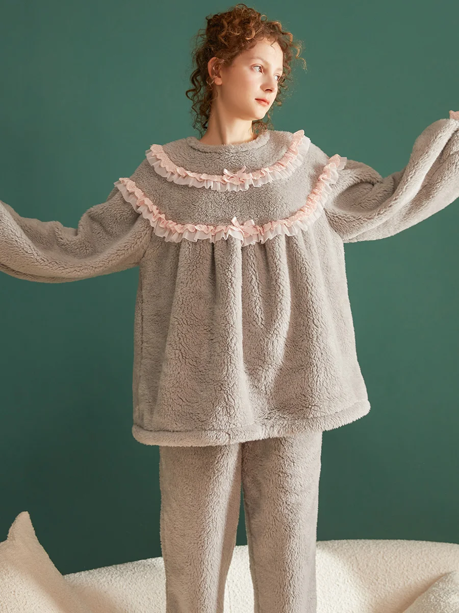 

Hanxiuju Thicken Warm Flannel Pajamas Sets For Women Long Sleeve Winter Autumn Sweet Princess Sleepwear Plus size