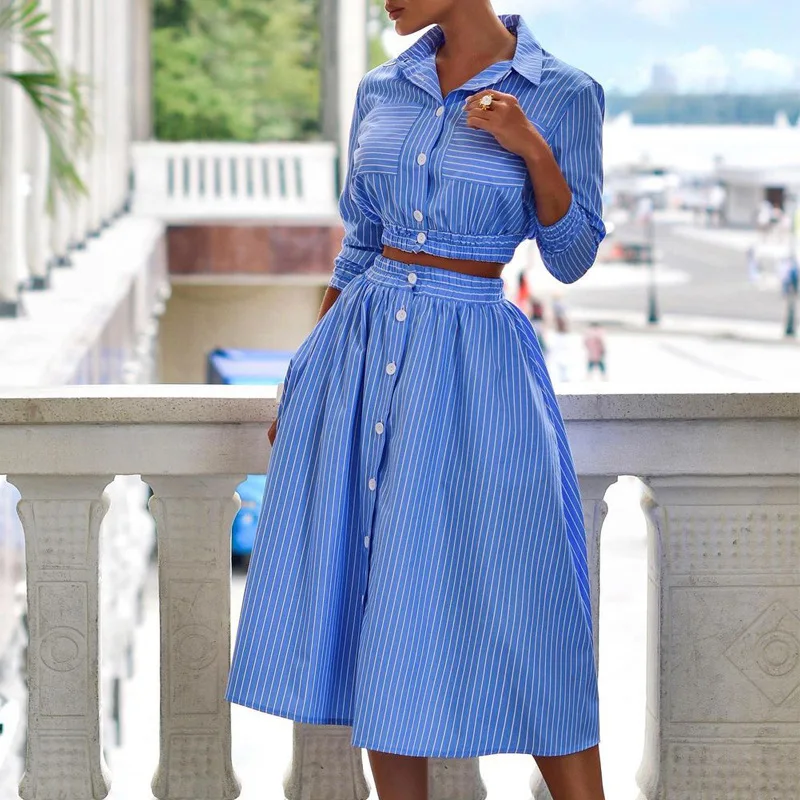 

2021 Autumn Stripe Printed 2-piece Long Sleeve Shirt and High Waist A-line Skirt Short Top Mid-length Skirt Striped Ladies Set