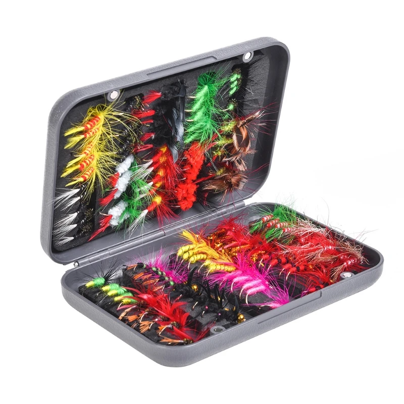 

448D 100Pcs Fly Fishing Lures Bass Salmon Trouts Flies Fishing Tackle Dry/Wet Fishing Feather Baits Fly Fishing Flies Kit