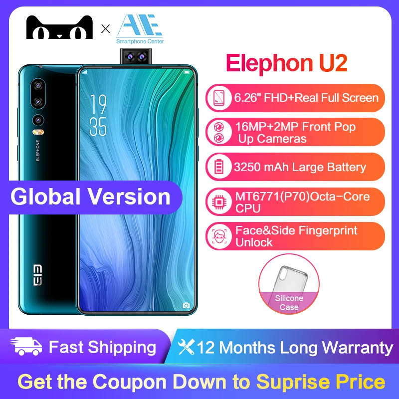 Elephone U2 16MP всплывающая камера 6 ГБ+ 128G мобильный телефон 6,2" FHD+ экран Android 9,0 MT6771T Octa CoreFace ID 4G LTE смартфон
