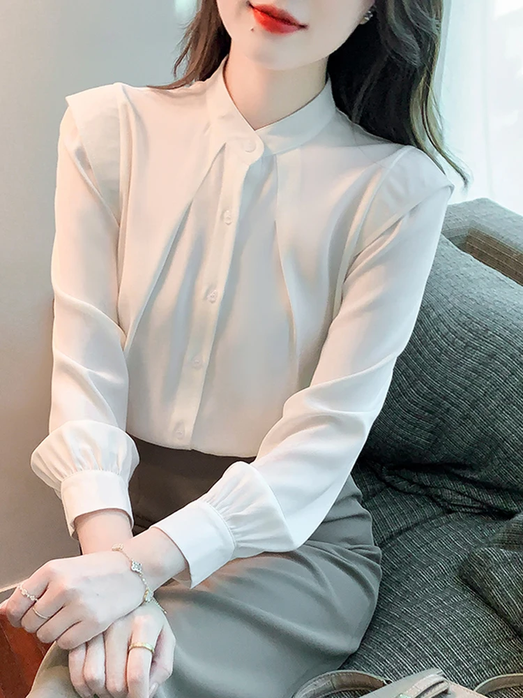 

Шифоновая Блузка однотонная белая женская рубашка с воротником-стойкой и оборками с длинным рукавом тонкие свободные летние элегантные же...