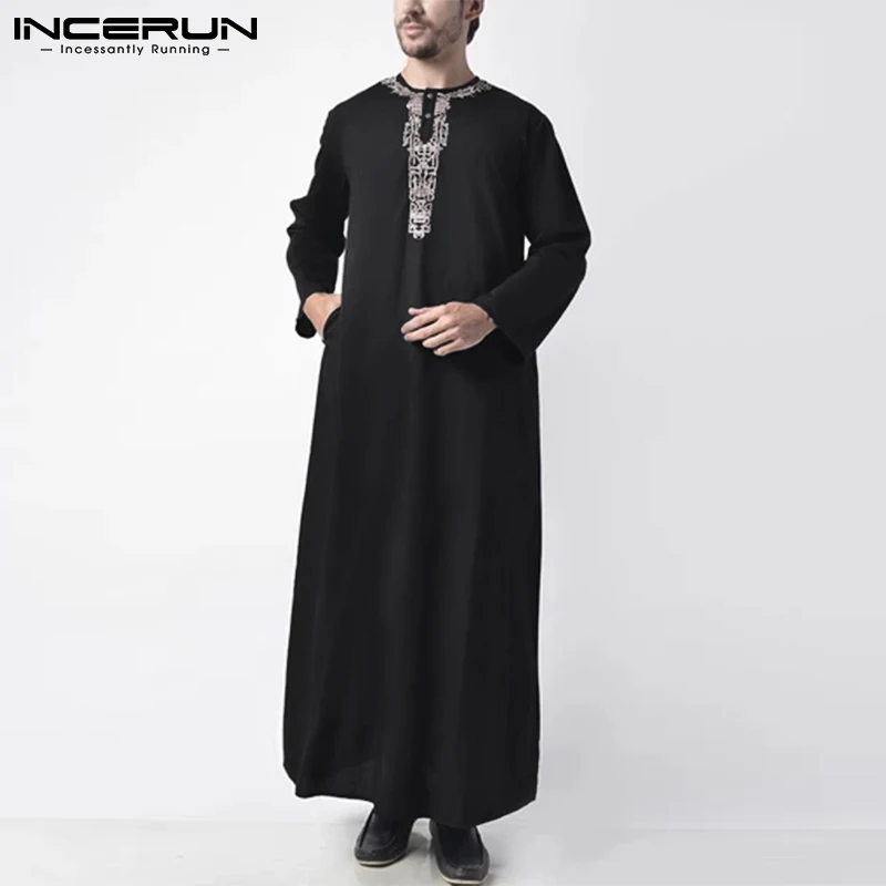 

INCERUN Men Printed Muslim Jubba Thobe O Neck Long Sleeve Casual Robes Dubai Saudi Arabia Caftan Islamic Arabic Kaftan Men S-5XL