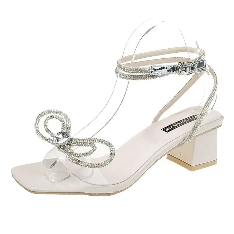 

Comfort Shoes for Women Open Toe Block Heels 2021 Sandals Med Suit Female Beige Anti-Skid All-Match Peep Chunky New Rhinestone M
