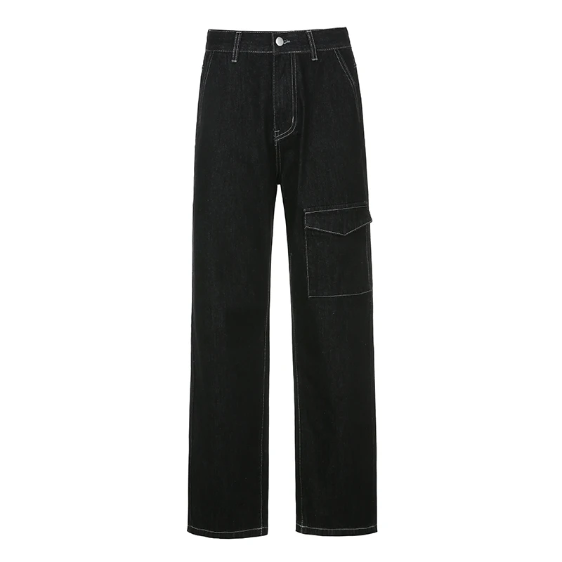 

Weekeep Black Streetwear Vintage Jeans Women High Waisted Cargo Pant Long Trousers Loose Straight Denim Trousers Punk Autumn New