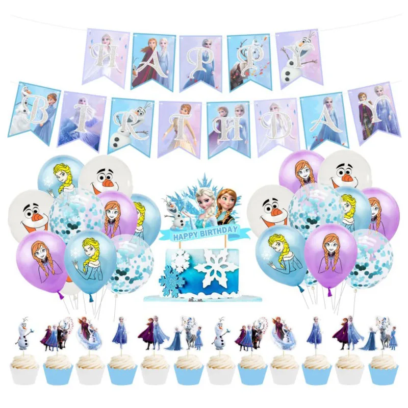 

Frozen Party Decoration Princess Elsa Anna Ice and Snow Pull Flag Cake Insert Balloon Birthday Party Decoration Supplies Set