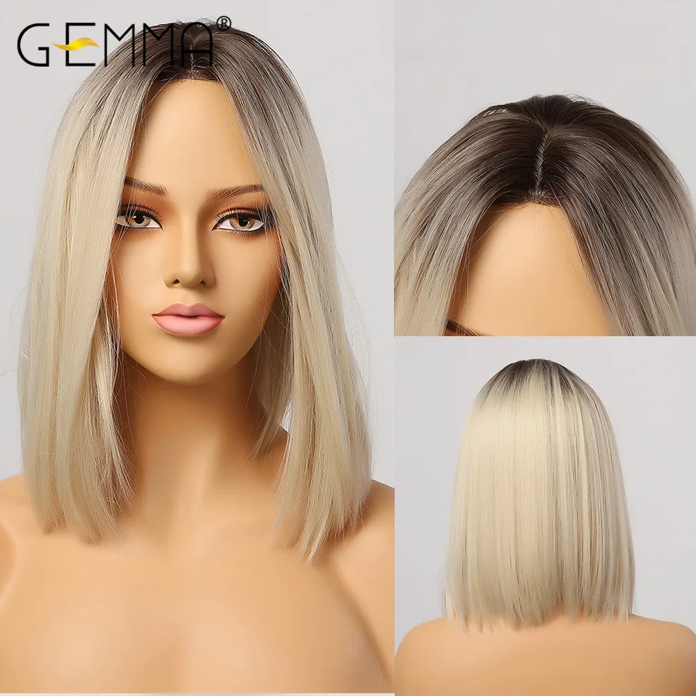 

GEMMA Ombre Black Brown Blonde Straight Synthetic Hair Wigs For Women Natural Mdeium Middle Part Cosplay Heat Resistant Fiber