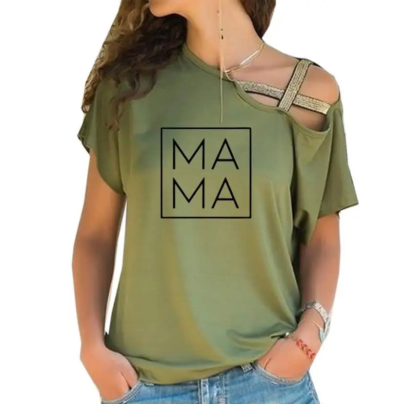 

New Fashion Wife Mom Boss Letters Print Cross Bandage T-Shirt For Women T-Shirt Women Tops Summer Streetwear Off The Shoulder