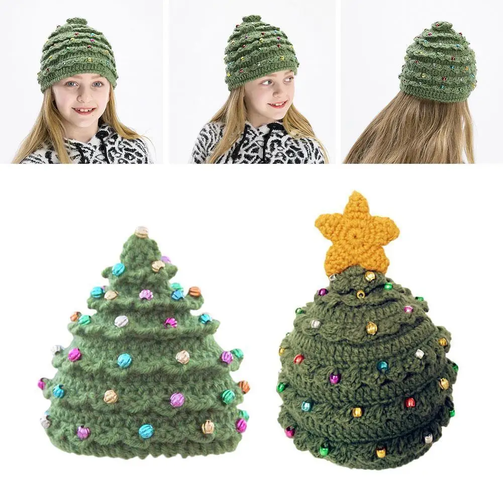 

Шапка с рождественской елкой для родителей и детей, шерстяная шапка для взрослых и детей, зимняя теплая шапка, вязаная крючком шапка для муж...